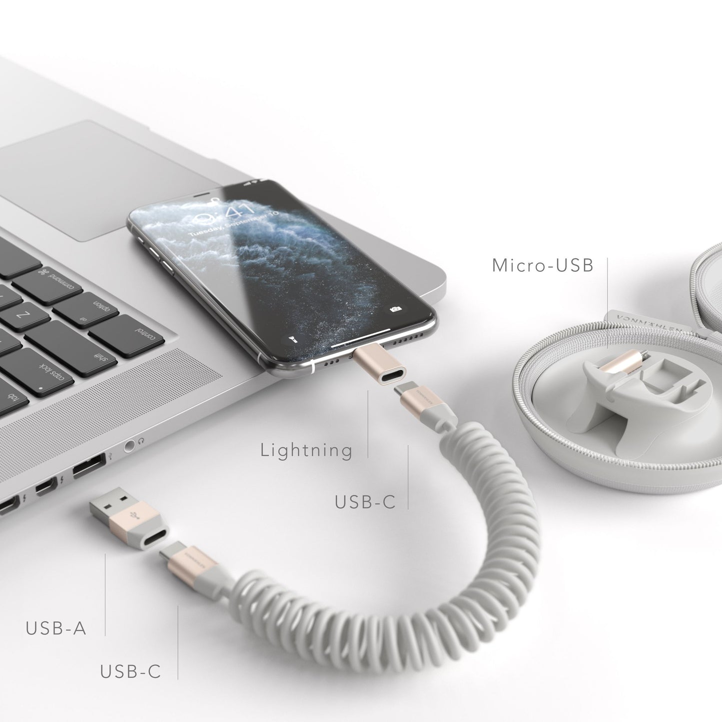 Vonmählen allroundo® Boost All-In-One Charging/Data Cable (USB-C/Micro USB/Lightning) - Grey / Rose Gold