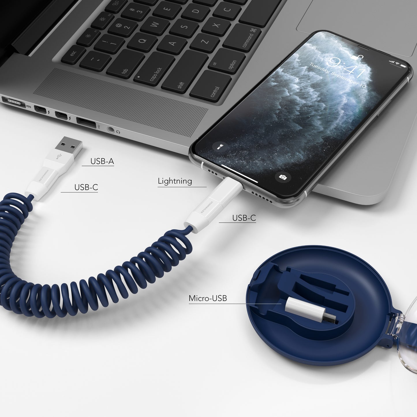 Vonmählen allroundo® C All-In-One Charging/Data Cable (USB-C/Micro USB/Lightning) - Blue