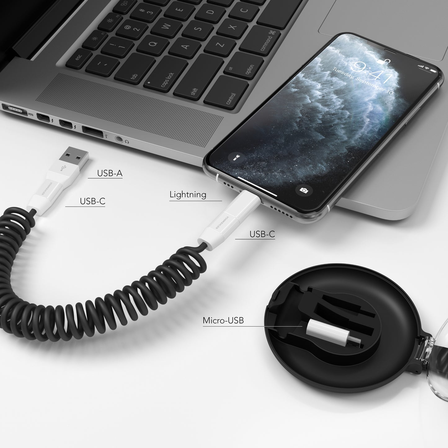 Vonmählen allroundo® C All-In-One Charging/Data Cable (USB-C/Micro USB/Lightning) - Black